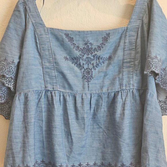 Old Navy Tops - Old Navy boho Western baby doll blue shirt embroidery Smocked Puff Sleeve XXL